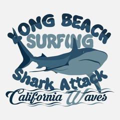 t-shirt surfing graphic print design, shark Attack, Long Beach