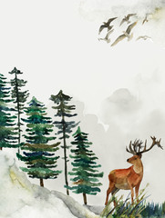 Greeting card with background of forest and mountains. Children's theme. Postcard with Deer. Wildlife