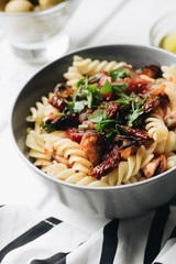 Delicious pasta with tomatoes, mussels and herbs