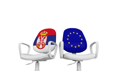 Serbia and Europe business chairs. Internationl relationship concept. 3D Rendering