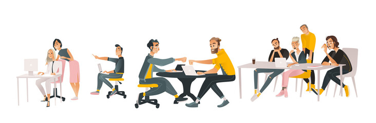 Coworking communication vector illustration set in cartoon style isolated on white background. Various scenes of business people working together and discussing projects.