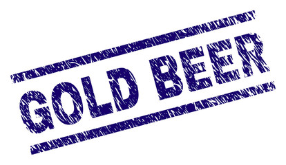 GOLD BEER seal print with grunge style. Blue vector rubber print of GOLD BEER title with grunge texture. Text label is placed between parallel lines.