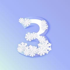 Vector winter three number 3 with snowflakes and ice on blue background. Seasonal typography symbol with north frost snowflakes, christmas, new year holiday symbol for seasonal decoration design