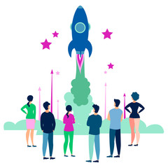 People are watching the take off of a space rocket. Flat in minimalist style. Cartoon