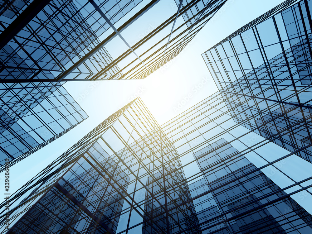 Poster view of high rise glass building and dark steel window system on blue clear sky background,business 