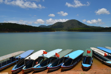canoes on the lake in Vietnam