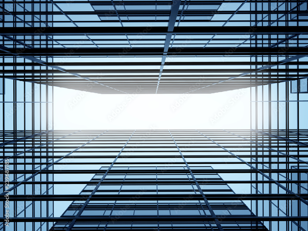 Poster view of high rise glass building and dark steel window system on blue clear sky background,business 