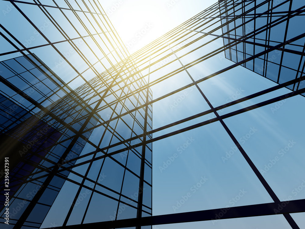 Aufkleber view of high rise glass building and dark steel window system on blue clear sky background,business 