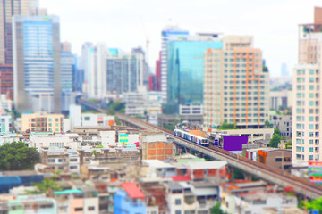 Fototapeta na wymiar High view of BTS sky train with tilt shift style
