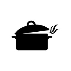 Black isolated casserole pot with smoke vector icon. Smoking kitchen saucepan pot silhouette icon.