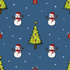 Seamless pattern of hand drawing Christmas trees, snowman, snow and red gift boxes on blue background for Merry Christmas and Happy New Year concept  