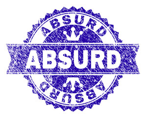 ABSURD rosette stamp seal watermark with distress style. Designed with round rosette, ribbon and small crowns. Blue vector rubber watermark of ABSURD title with grunge style.