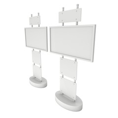LCD Screen Stand. Blank Trade Show Booth. 3d render of lcd screen isolated on white background. High Resolution. Ad template for your expo design.