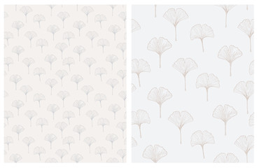 Hand Drawn Ginkgo Biloba Leaves Vector Patterns. Light Pale Blue and Delicate Beige Color Design. Floral Repeatable Patterns. Pastel Colors. Blue and Light Beige Backgrounds.