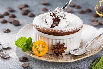 Chocolate fondant (Petit gateau) on a plate