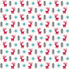 Seamless vector winter forest background in red, teal and black with reindeer, snowflakes and trees. Festive pixel design for Holiday cards, gift wrapping paper, textiles, wallpapers.