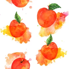 Tapeten Aquarellfrüchte Ein nahtloses Aquarellmuster mit leuchtend roten Äpfeln auf weißem Hintergrund mit Farbflecken, ein veganer Wiederholungsdruck