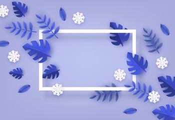 Vector winter background template with abstract fresh blue leaves and snowflakes with rectangle frame. New year, christmas holidays wallpaper, layout with seasonal florals and icy snow.