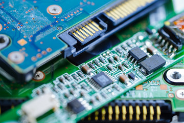 Computer circuit cpu chip mainboard core processor electronics device : concept of data, hardware, technician and technology.