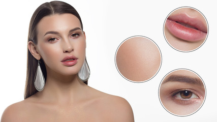 Fototapeta premium Close-up of half the beauty of a woman with clean skin, full lips and long dark hair. Looks at the camera and shows skin care. Increased skin texture around the eyes and lips. Smile on face