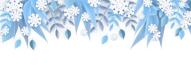 Vector illustration of winter natural border frame with blue tree leaves and white snowflakes in paper art style isolated on white background - decorative element for floral seasonal banner.
