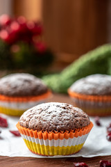 Chocolate muffin with icing sugar in bright tins for baking.