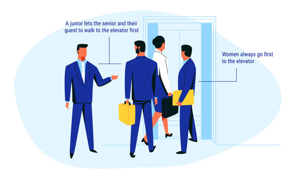 Group of office workers at the elevator in business center. Junior colleague lets the senior and guests forward. Female colleague goes to the lift first. Business etiquette rules vector illustration.