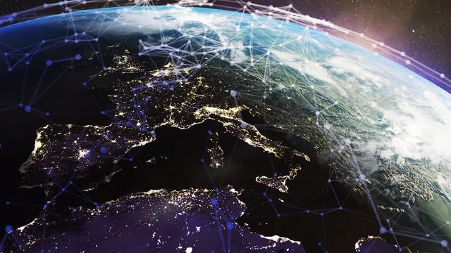 Global world network connections. Communication nodes flying around the earth while sun is rising. Business and technology concept