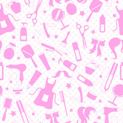 Seamless pattern on the theme of the Barber shop, the tools and accessories of the hairdresser, a simple contour icons, pink  silhouette icons on white polka dot background