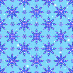 Seamless pattern on the theme of winter and winter holidays, the contour of the snowflake and flare,  snowflakes on a blue background