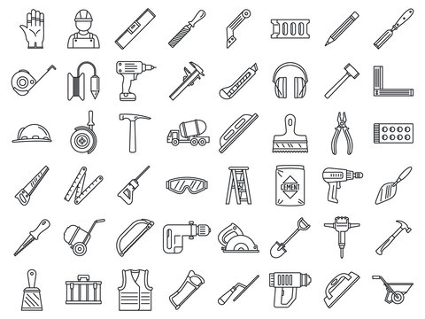 Masonry worker construction icon set. Outline set of masonry worker construction vector icons for web design isolated on white background