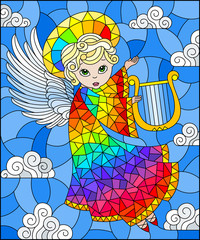 Illustration in stained glass style with cartoon rainbow angel playing the harp against the cloudy sky