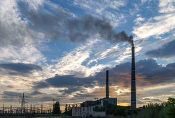 High-voltage power lines. Electricity distribution station. high voltage electric transmission...