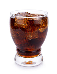 Cola in glass with ice cubes on white background