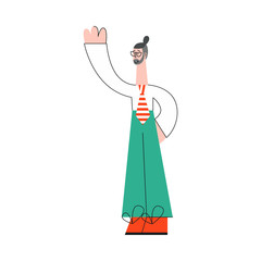 Vector illustration of young man standing and waving hand or showing something in trendy flat style - male character doing greeting or goodbye gesture or pointing isolated on white background.