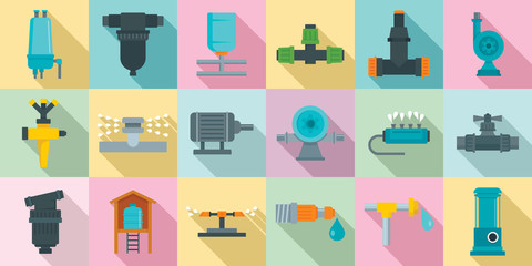 Irrigation system icon set. Flat set of irrigation system vector icons for web design