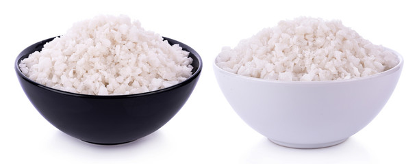 Sea salt in bowl on white background