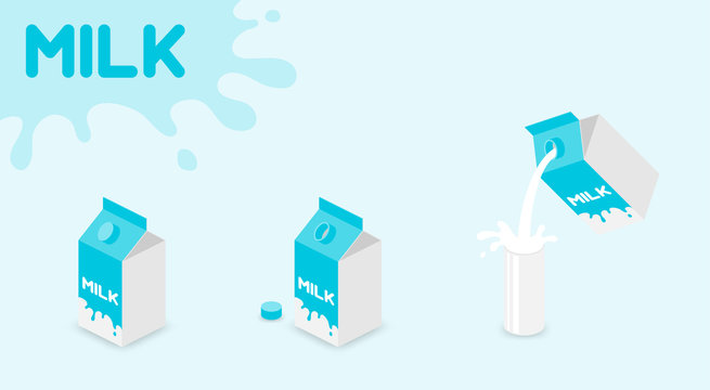 Milk box UHT (ultra-high temperature-treated milk), Pouring Milk in the glass  and MILK text splash on blue background with copy space