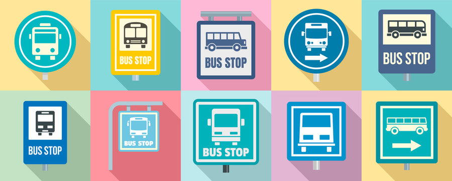 Bus stop icon set. Flat set of bus stop vector icons for web design