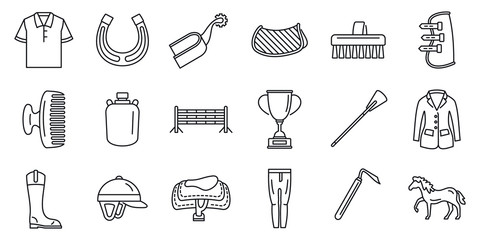 Horseback riding gear icon set. Outline set of horseback riding gear vector icons for web design isolated on white background