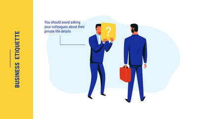 Business man confused by irrelevant question about private life from his colleague. Avoid asking unwanted questions during informal communication at work. Business etiquette rules vector illustration.