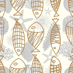 Golden fishes. Vector seamless pattern.