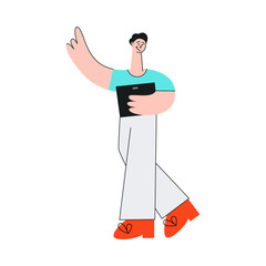 Fototapeta premium Vector illustration of man walking with laptop and showing index finger up gesture in flat style isolated on white background. Young male character pointing somewhere or having idea.