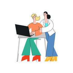 Vector illustration of coworking communication concept with two young business women working together with computer in flat style isolated on white background - teamwork and brainstorming concept.