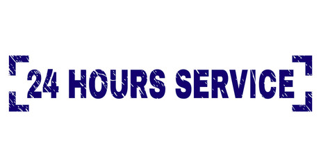 24 HOURS SERVICE text seal stamp with corroded texture. Text label is placed between corners. Blue vector rubber print of 24 HOURS SERVICE with corroded texture.