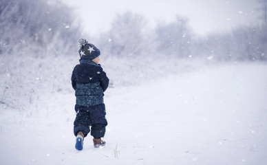 Fototapeta na wymiar Young boy walking in the winter park