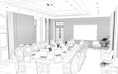 conference room, meeting room, contour visualization, 3D illustration, sketch, outline