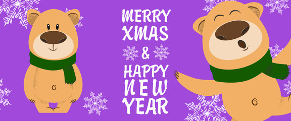 Merry Xmas and Happy New Year lettering with funny bears