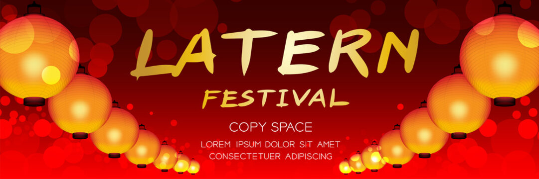 Chinese Or Japanese Lantern Festival Banner With Text Gold Color Isolated On Red Bokeh Lighting Effect Background With Copy Space