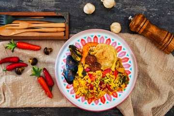 Prawn with rice - closeup of prawn with rice - traditionnal spanish food paella